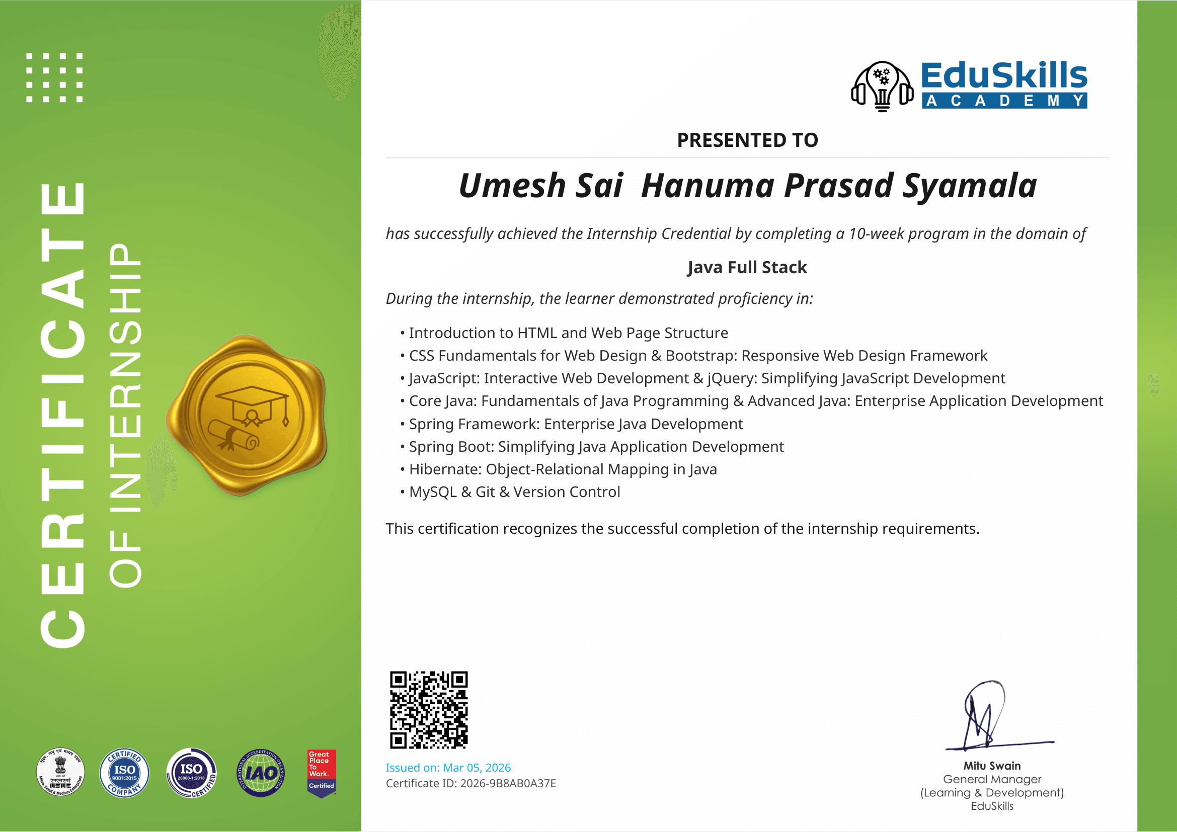 Java Full Stack Credential Certificate